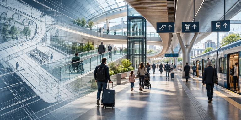Architectural plans transition into a modern transit station with a train, elevators, and passengers with luggage, a stroller, and a wheelchair.