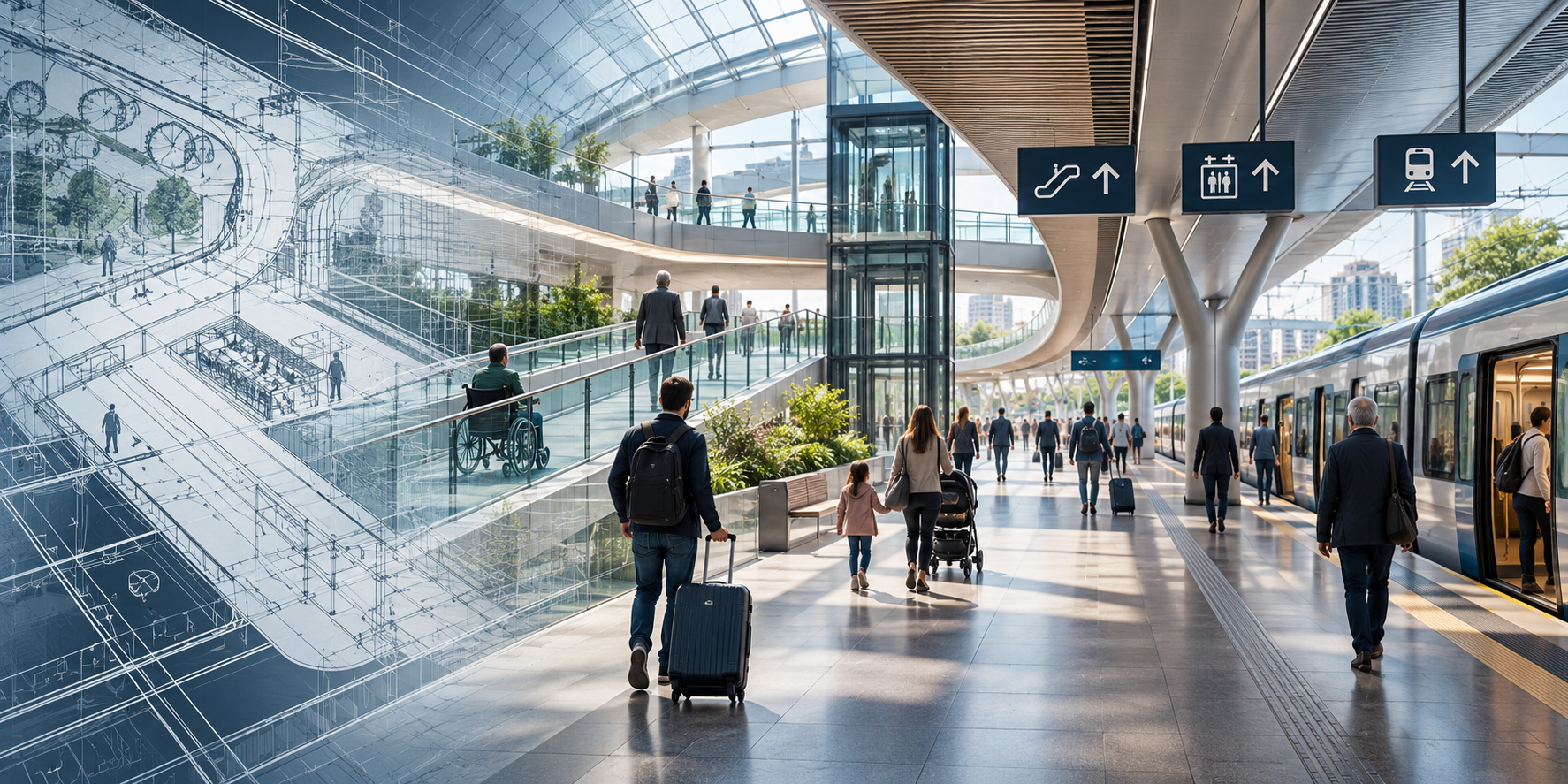 Architectural plans transition into a modern transit station with a train, elevators, and passengers with luggage, a stroller, and a wheelchair.